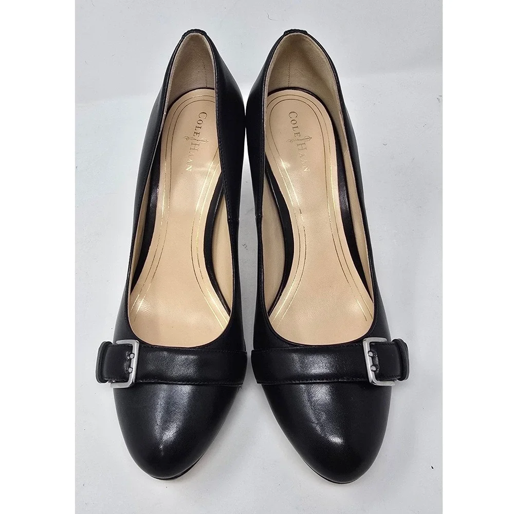 Cole Haan women 9.5B black Chelsea buckle pump Almond toe stiletto platform chic